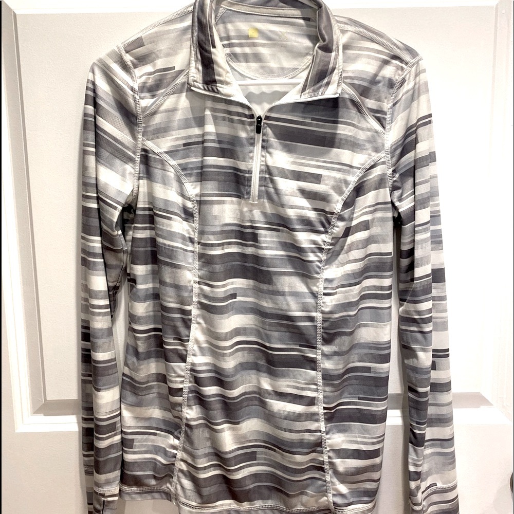 grey and white athletic pullover